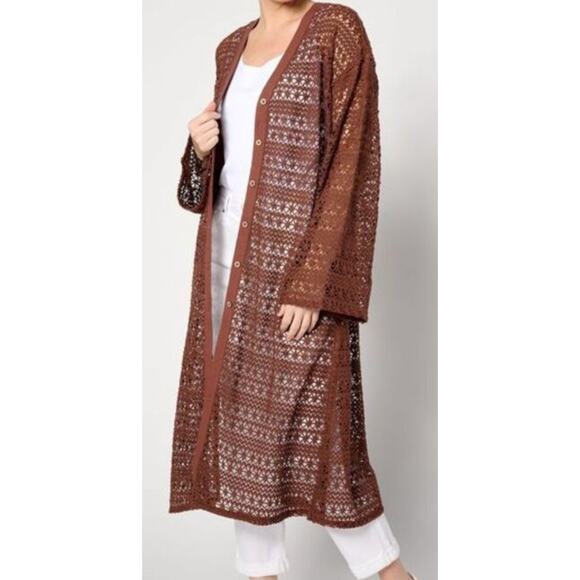 NWOT Peace Love World QVC Boho Crochet Lace Sweater Duster Boho Cardigan Sz S - Picture 1 of 6